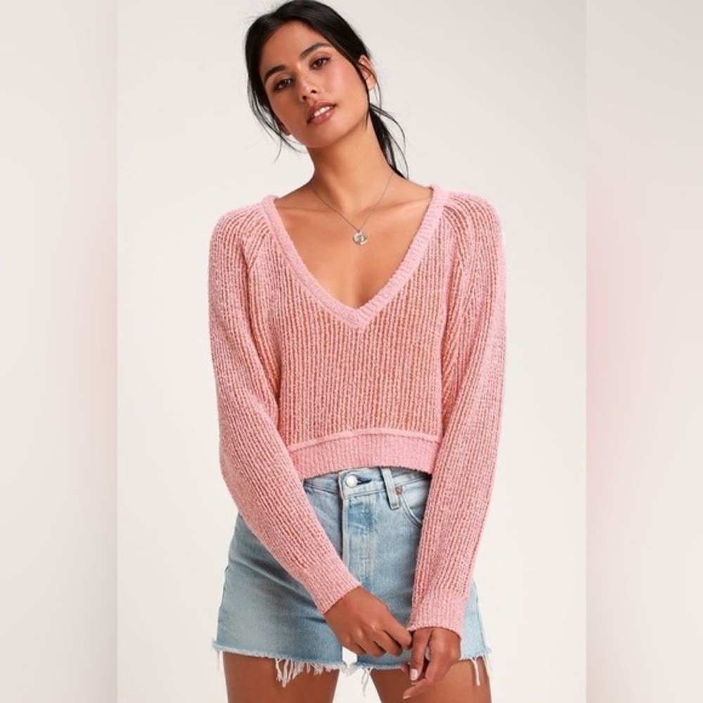 Free People Oversized Cropped Sweater Pink Orange V-Neck Boucle Knit Cozy Fall S